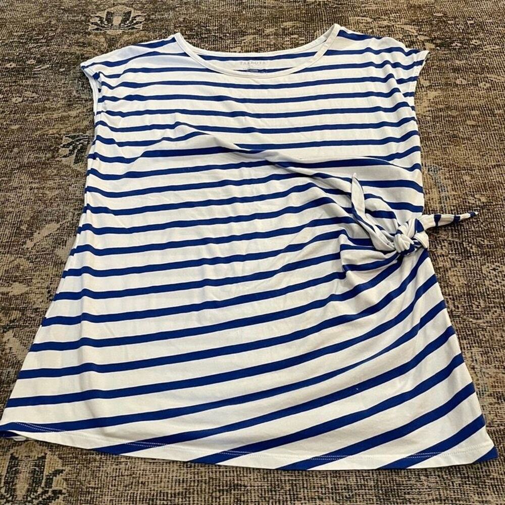 Talbots XL Blue White Striped Cap Sleeve Twist Tie Front Nautical Top Tee